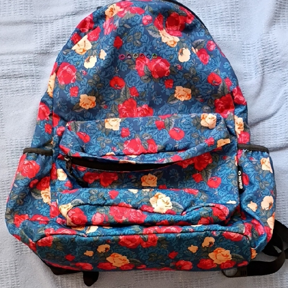 Floral Blue Women's Backpack with Red & Cream Roses